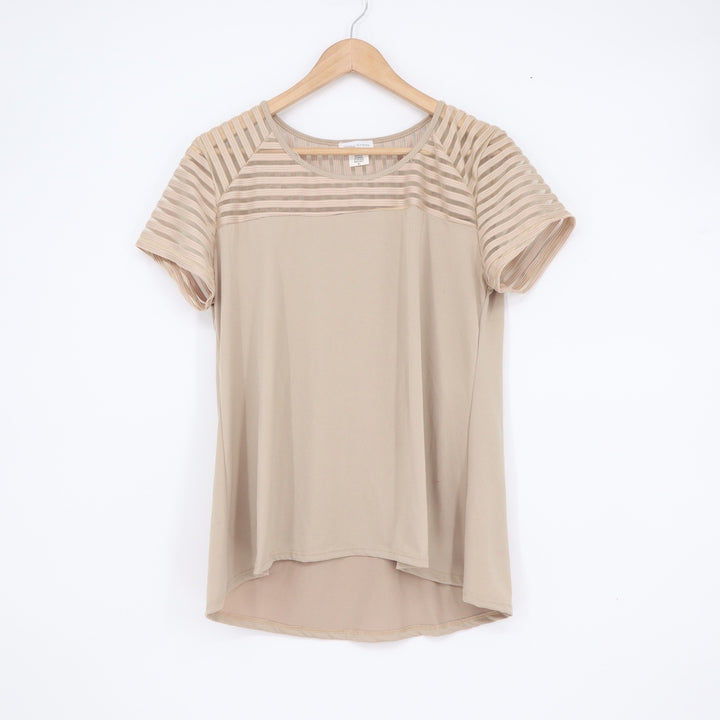 Jacqui Knapp Beige Short Sleeve Mesh Striped Yoke High Low Top XL