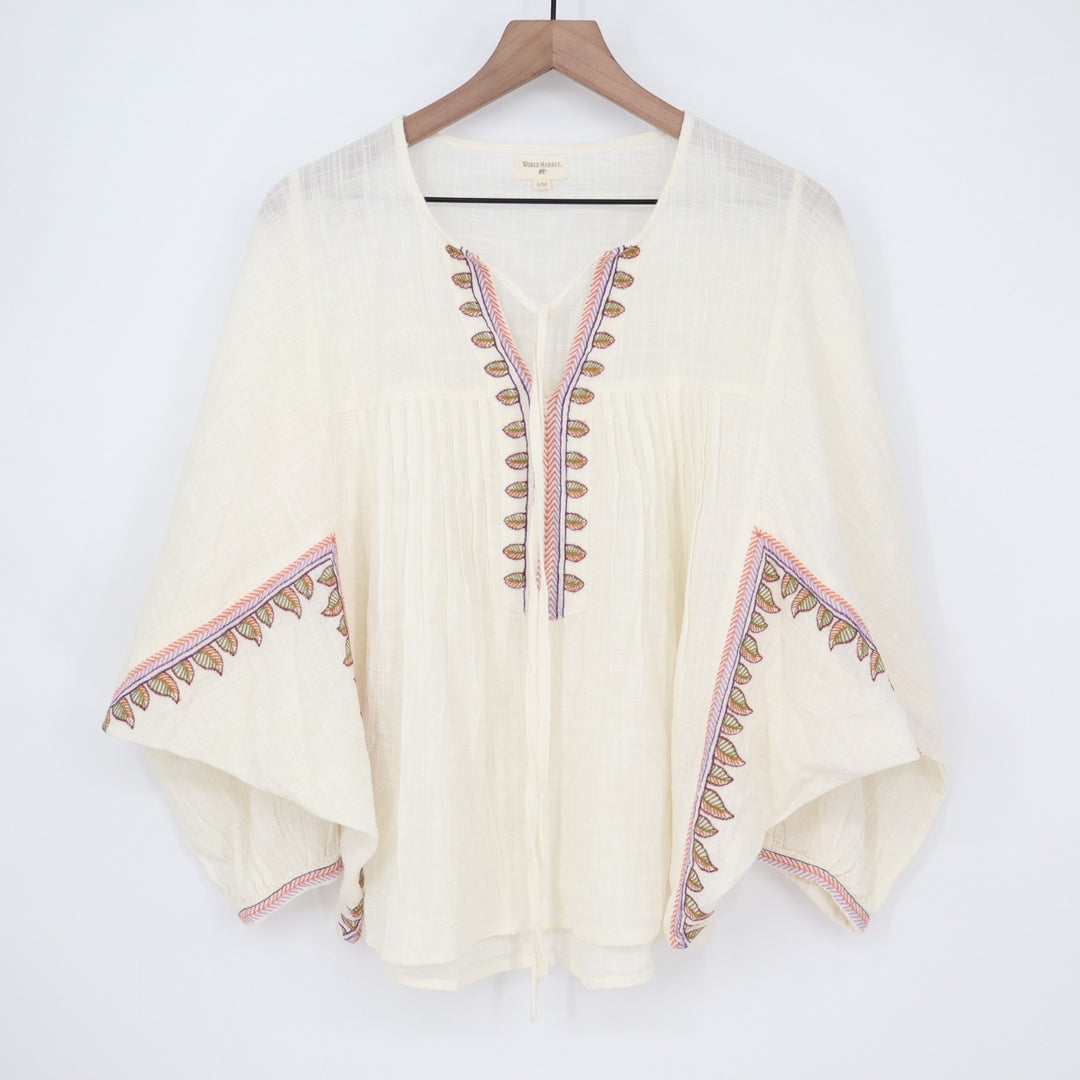 World Market Tunic Top Womens S/M White Floral Cotton Dolman Sleeve Split Neck