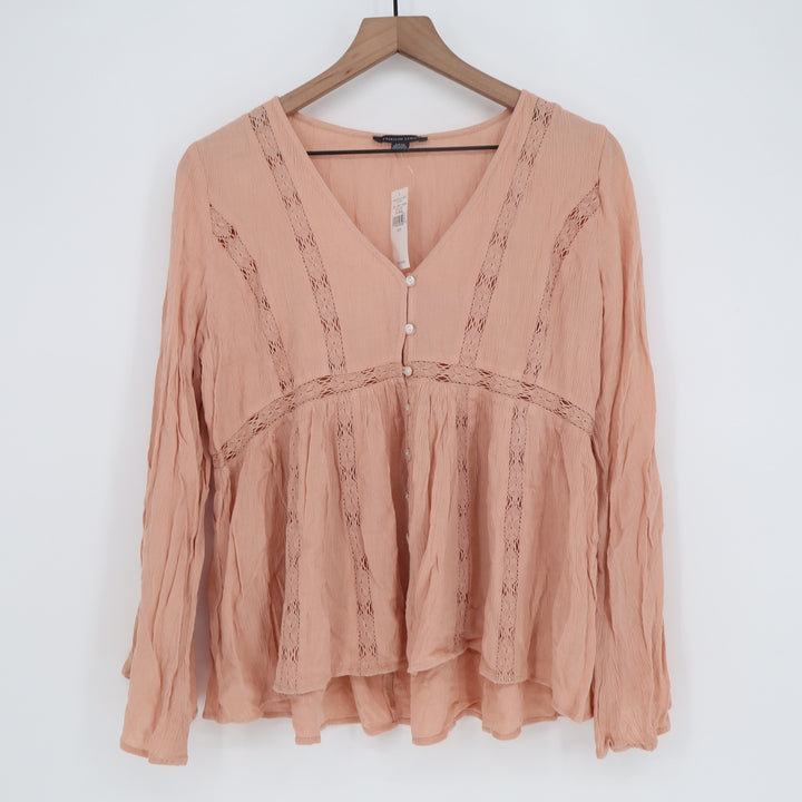 American Eagle Peach Crochet Lace Babydoll Blouse V-Neck Long Sleeve Small