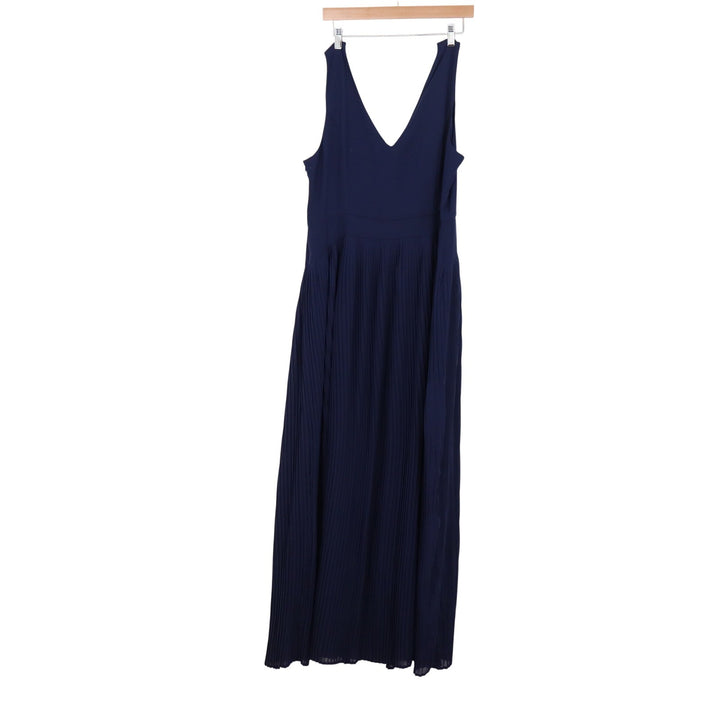 Lace & Mesh Navy Blue V-Neck Pleated Maxi Dress XL Formal Evening Gown 10727