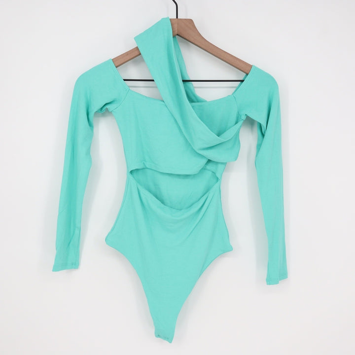 Naked Wardrobe Mint Green Asymmetrical Cutout Long Sleeve Bodysuit S