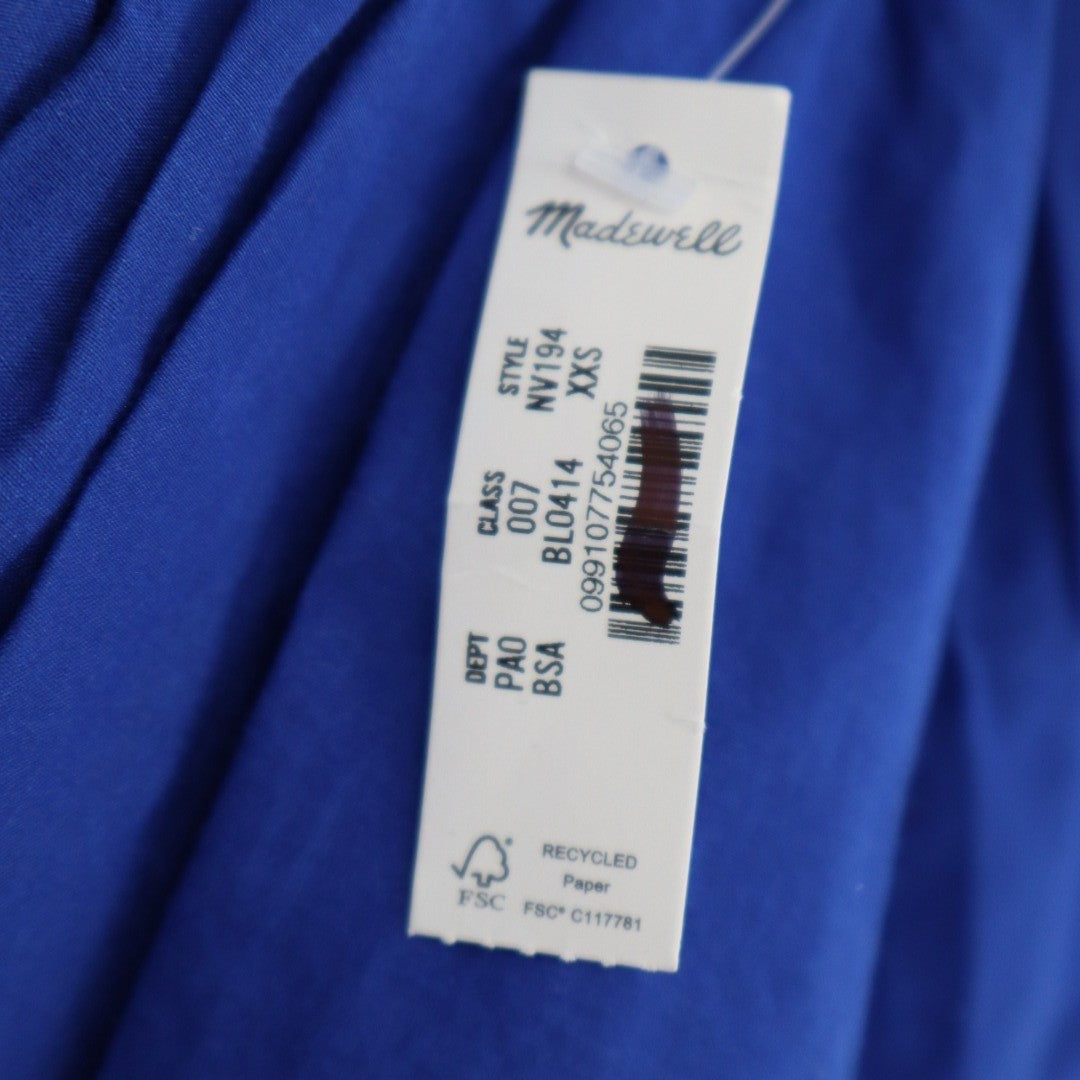 Madewell Shirred Womens 2XS Midnight Blue Cotton Pleated Puff Sleeve Round Neck