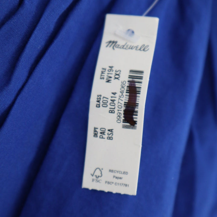 Madewell Shirred Womens 2XS Midnight Blue Cotton Pleated Puff Sleeve Round Neck