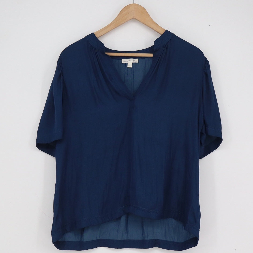 Nine Britton Navy Blue Split V-Neck Short Sleeve High-Low Blouse Top Large