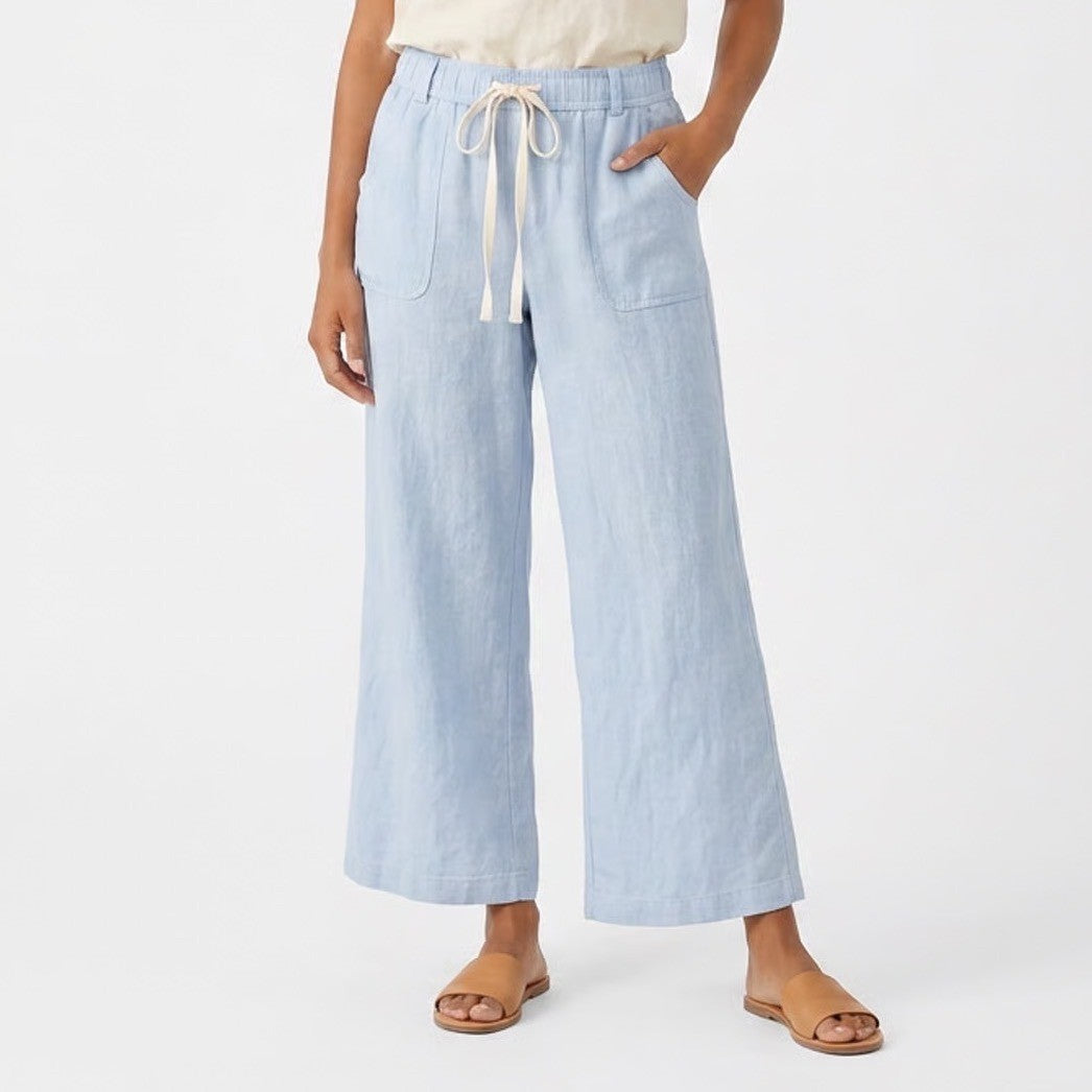 Happily Grey Light Blue Linen Blend Wide Leg Drawstring Pants Large
