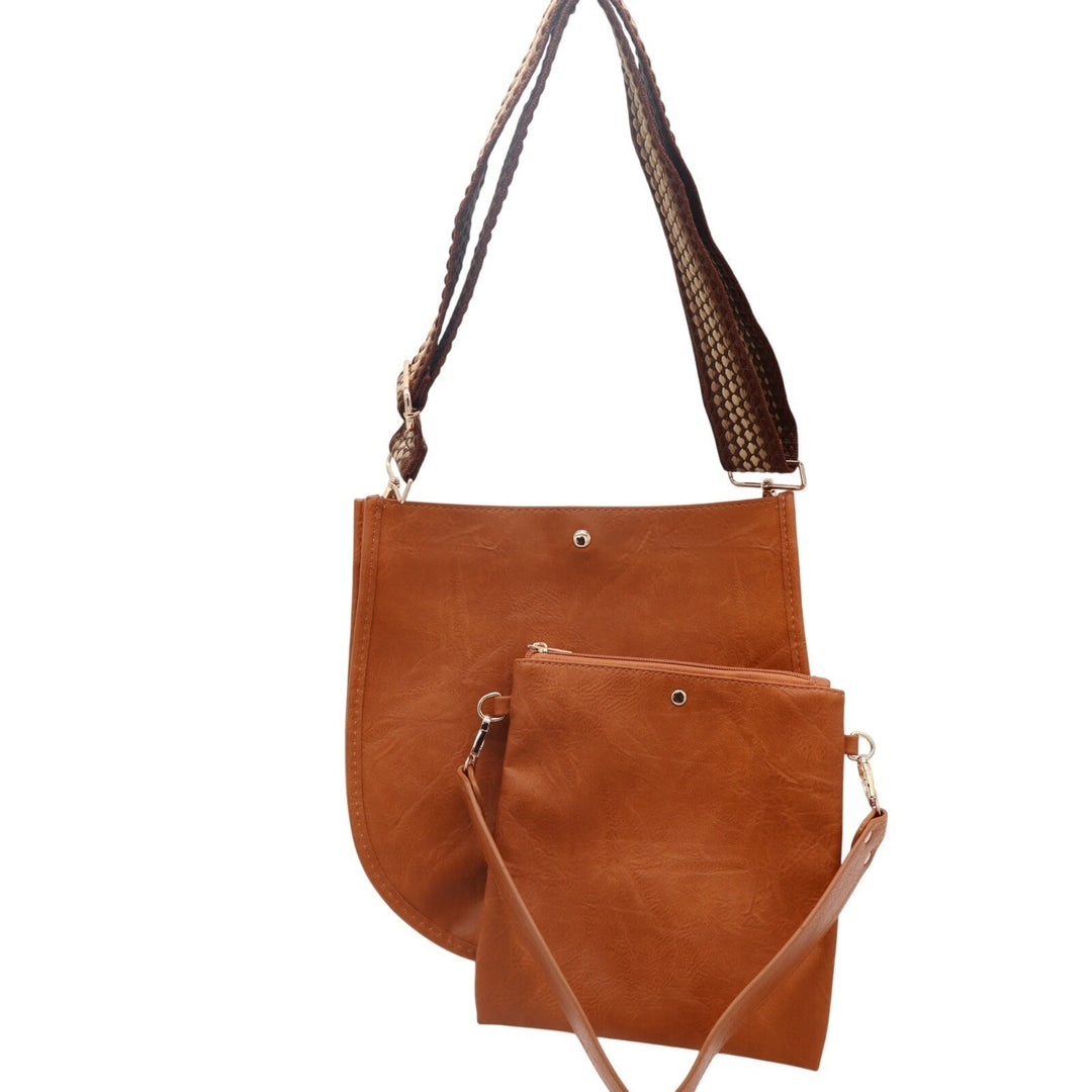 Ahdorned Double-Entry U-Shaped Womens Handbag Brown Shoulder Bag with Pouch