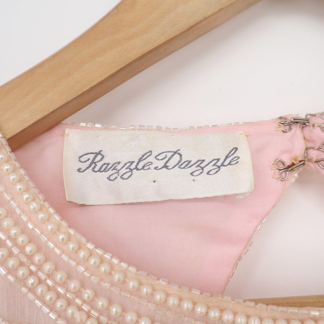 Vintage Razzle Dazzle Pink Silk Beaded Sequin Shift Dress Pearl Detail Size S/XS