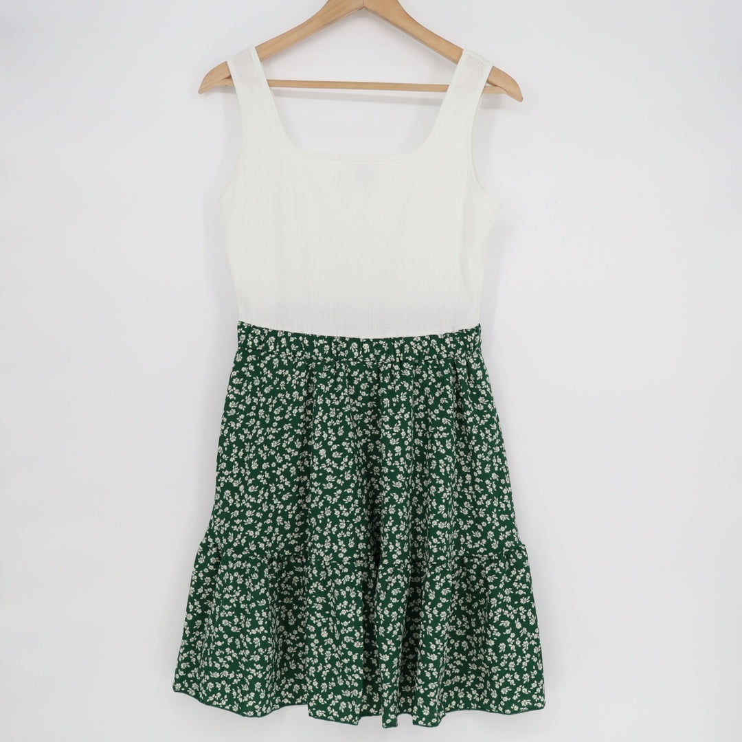 Shein Tank Dress Womens Large White Green Floral Stretch Wide Strap Scoop Neck