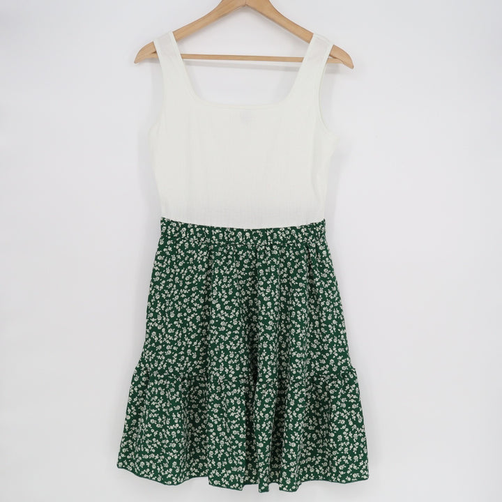 Shein Tank Dress Womens Large White Green Floral Stretch Wide Strap Scoop Neck