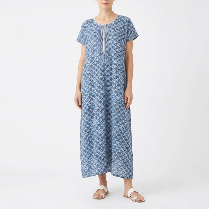 Bamboo Tree Blue White Block Print Zip Front Kaftan Maxi Dress Womens Large