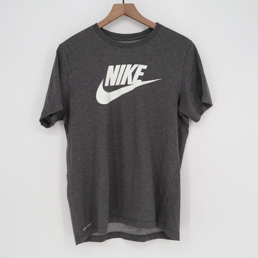 Nike Womens Dri-FIT Graphic T-Shirt Charcoal Grey Heather Futura Swoosh Logo L
