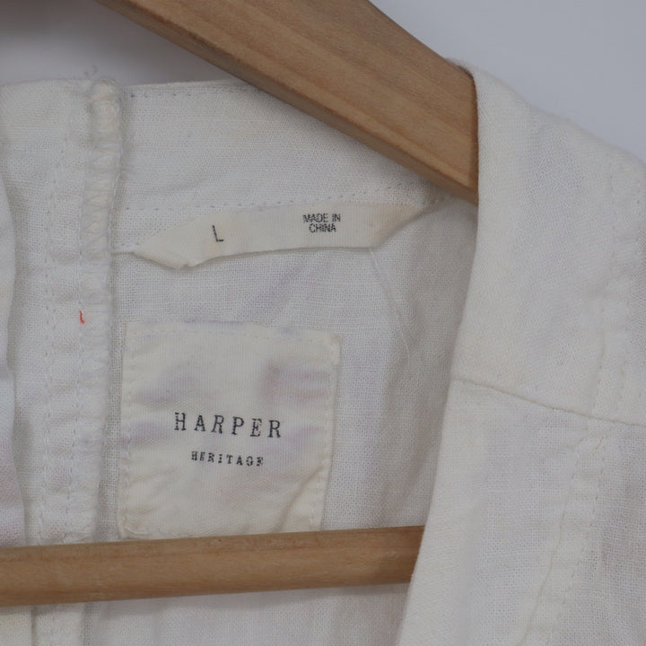 Harper Heritage White Linen Blend Button Back Frayed Crop Top L