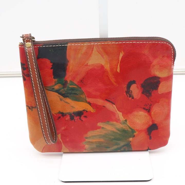 Patricia Nash Red Floral Leather Wristlet Pouch Hand Painted Zip Top Bag