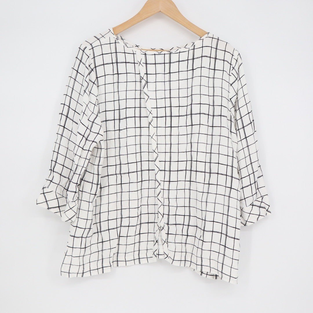 J. Jill White Black Grid Print 3/4 Sleeve Blouse Shirt Top Women's XL