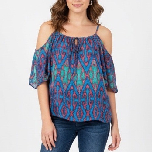 Nicole Miller M Cold Shoulder Tie Neck Blouse Top Geometric Print Blue Pink M