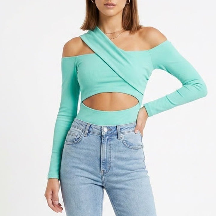 Naked Wardrobe Mint Green Asymmetrical Cutout Long Sleeve Bodysuit S