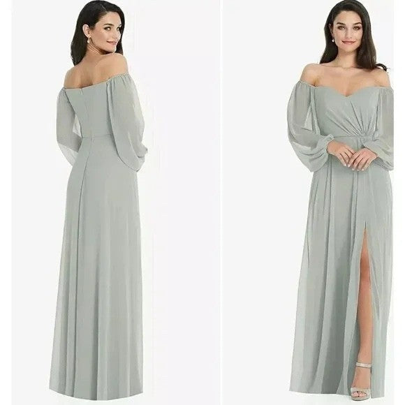 Dessy Collection Convertible Neck Long Sleeve Chiffon Gown Willow Green Size 16