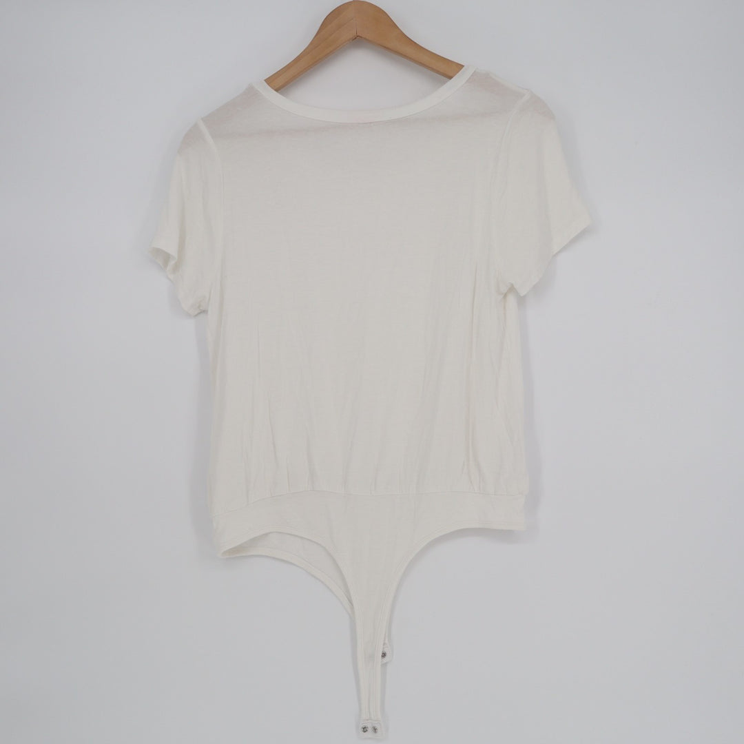 Pink Lily Bodysuit Womens Medium White Knit Crew Neck Short Sleeve One Piece
