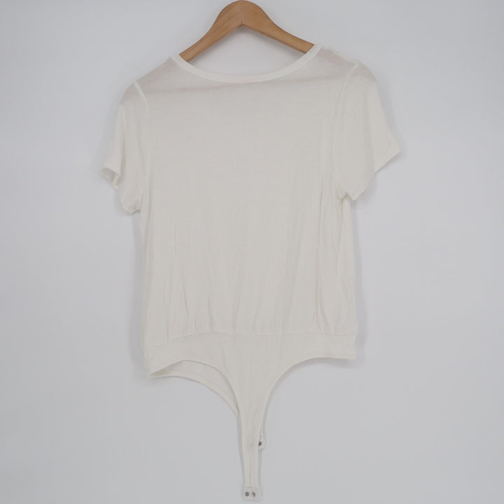Pink Lily Bodysuit Womens Medium White Knit Crew Neck Short Sleeve One Piece