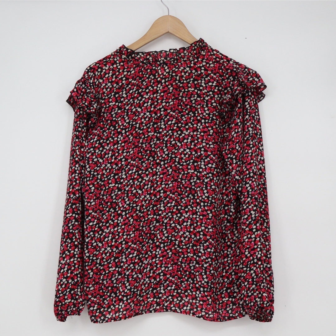 Jon & Anna Contemporary Red Floral Ruffle Shoulder Blouse Medium Long Sleeve