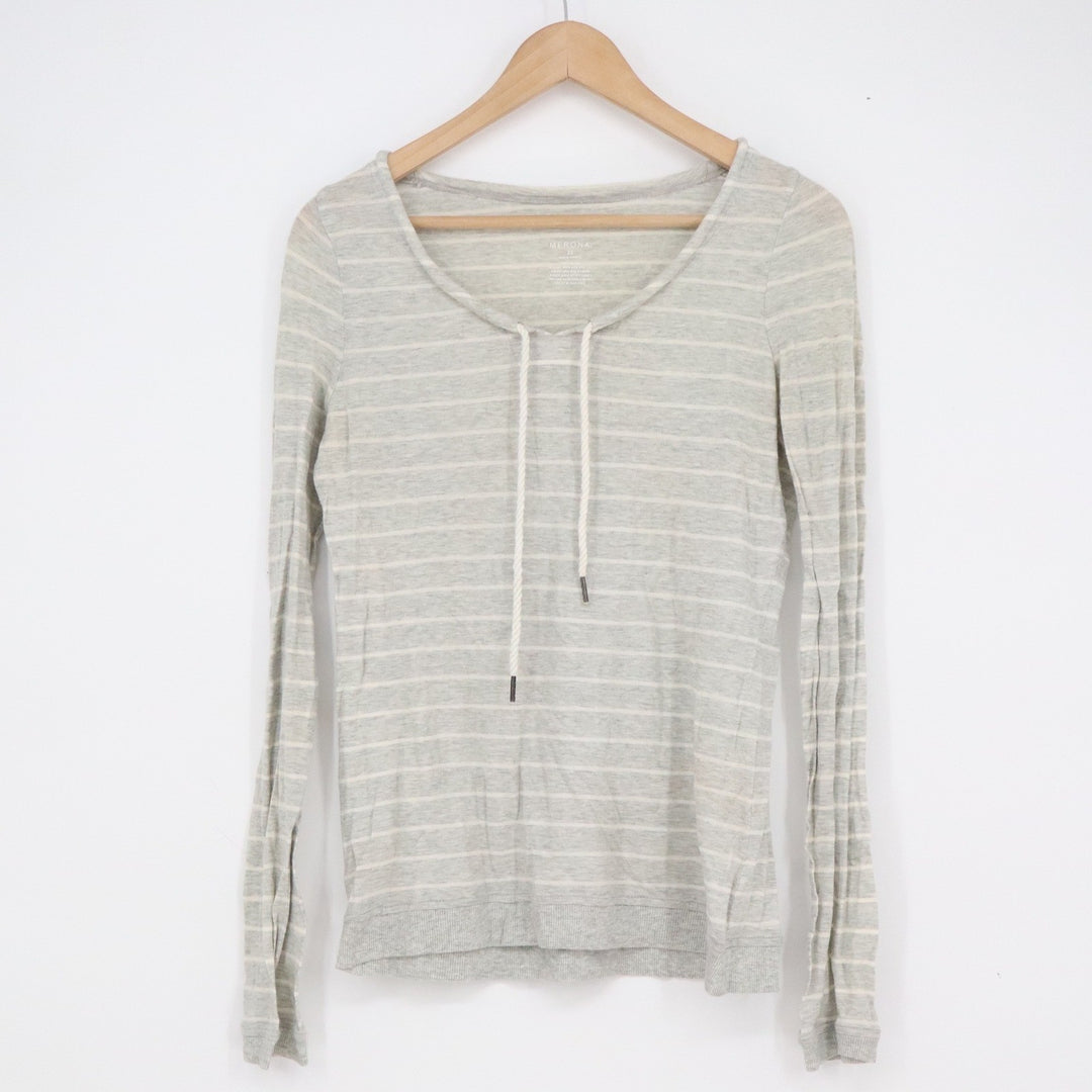 Merona Womens XS Grey White Striped Long Sleeve Cotton Scoop Neck Top Drawstring