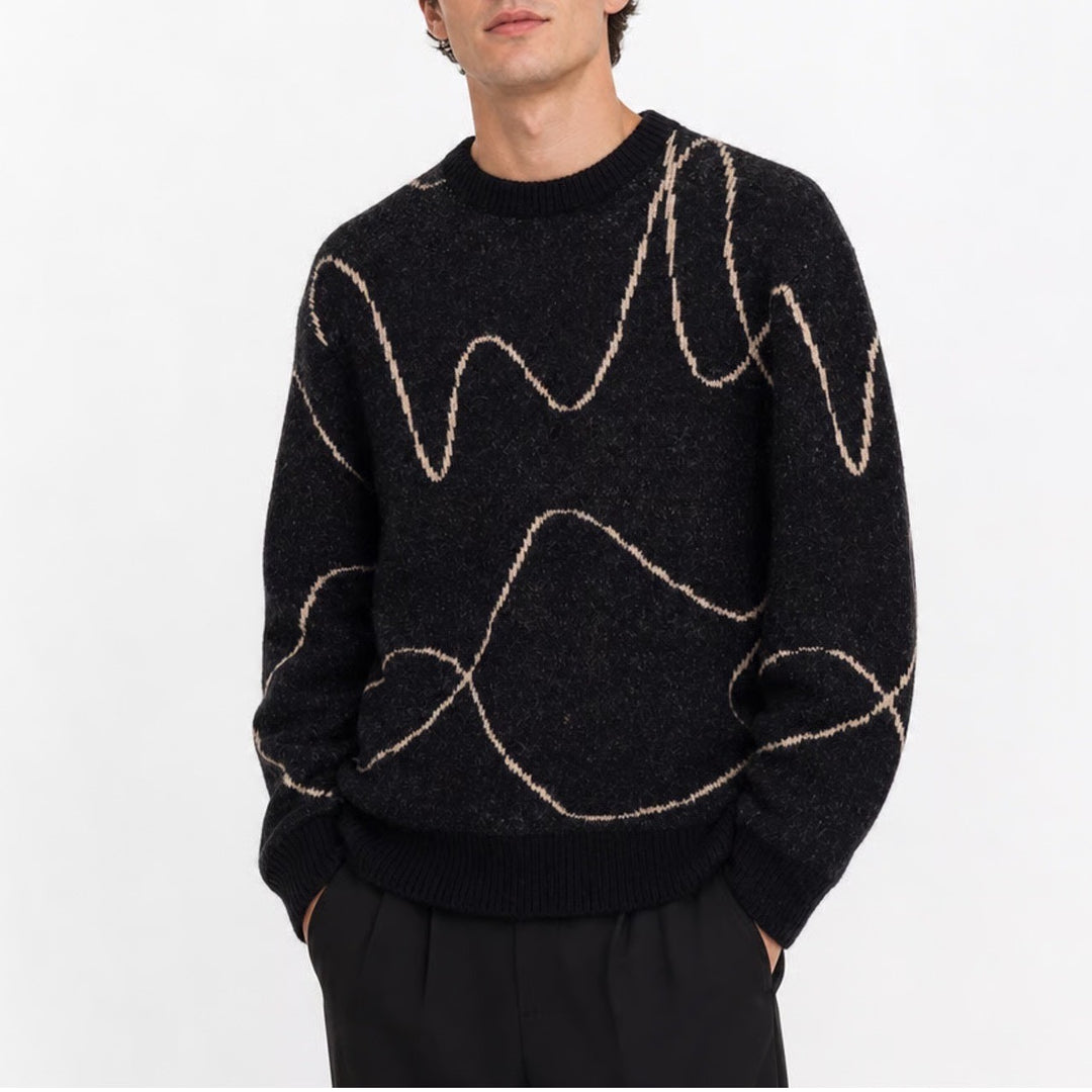 Zara Mens Abstract Wavy Line Knit Sweater Black Tan Crew Neck Medium