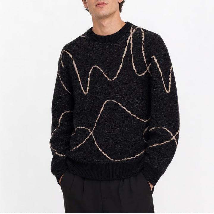 Zara Mens Abstract Wavy Line Knit Sweater Black Tan Crew Neck Medium