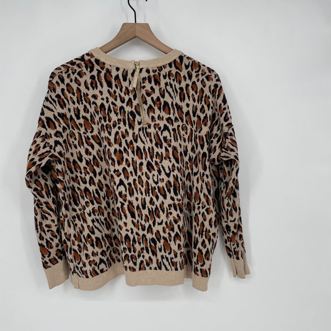 H&M Leopard Print Sweater Crew Neck Long Sleeve Zipper Back Size L