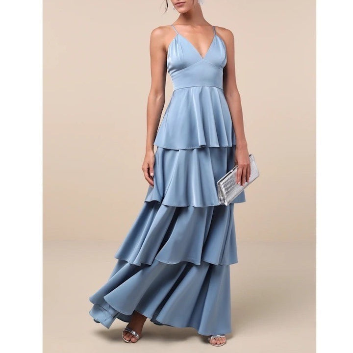 Lulus Going with Elegance Gown Dress Womens M Slate Blue Satin Tiered Back Zip