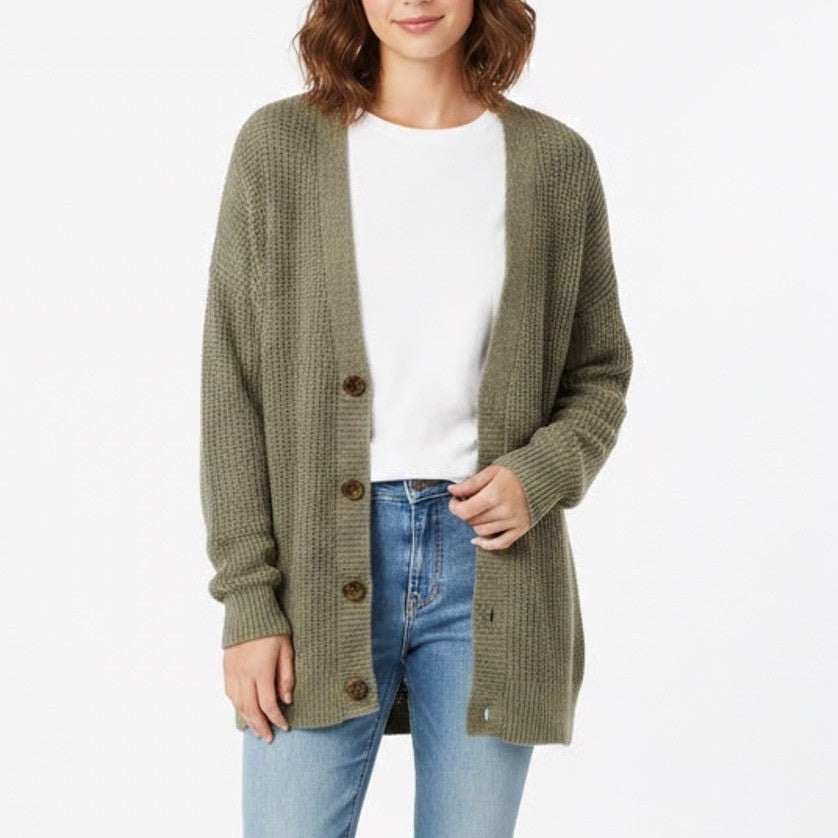 American Eagle Outfitters Cardigan Sweater Womens Large Olive Green Knit Ribbed