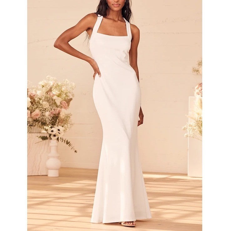 Lulus Pure Romance Mermaid Maxi Dress Womens Small White Stretch Crepe Crossback