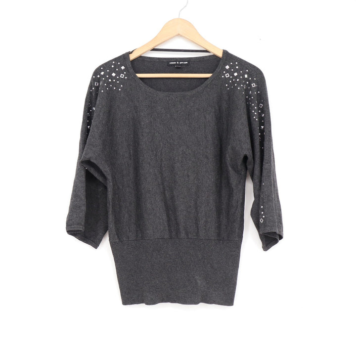 Cable & Gauge Charcoal Gray Studded Shoulder 3/4 Sleeve Knit Top Size M