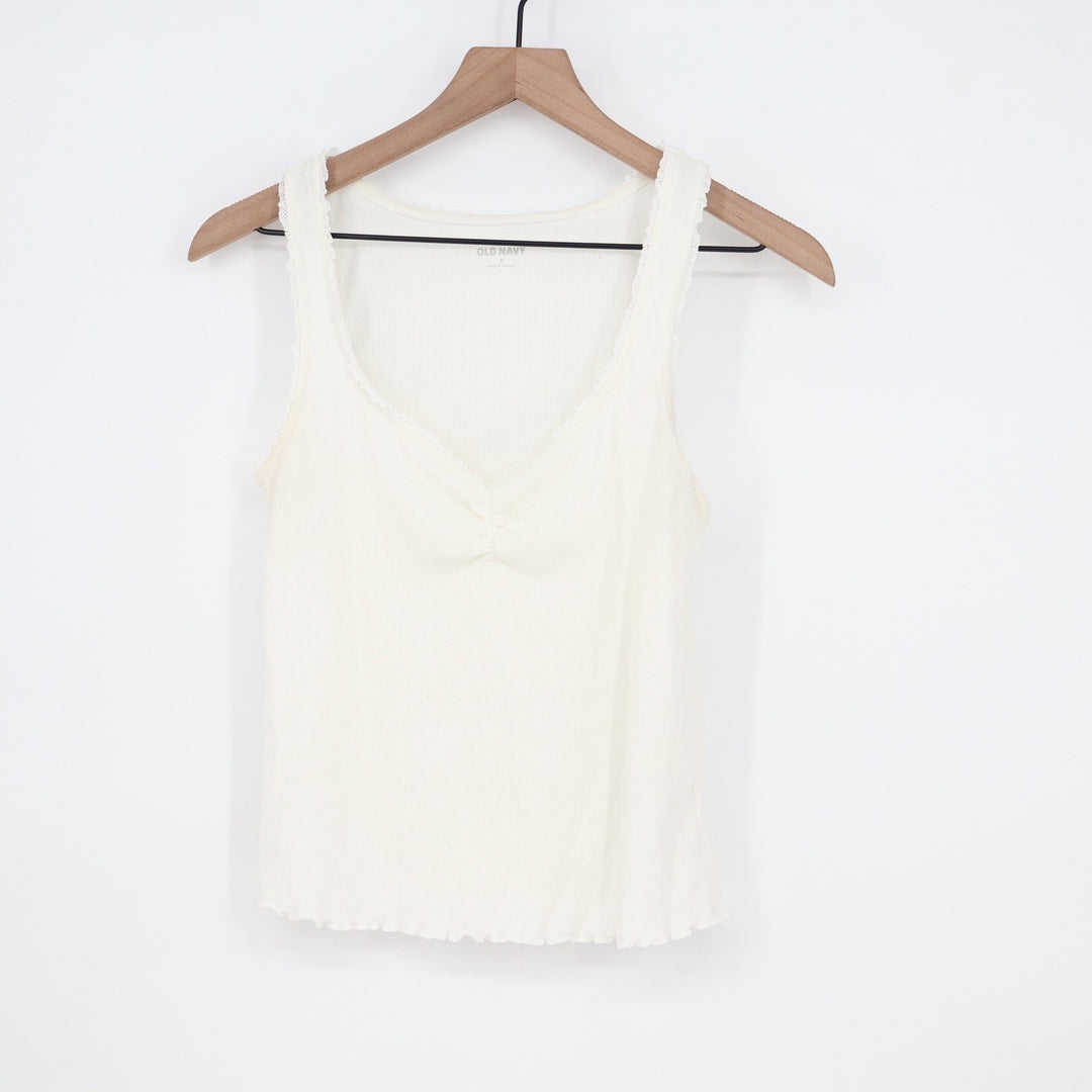 Old Navy Womens Ribbed Lace Trim Tank Top Off White Cinched Bust Medium KLD 4247