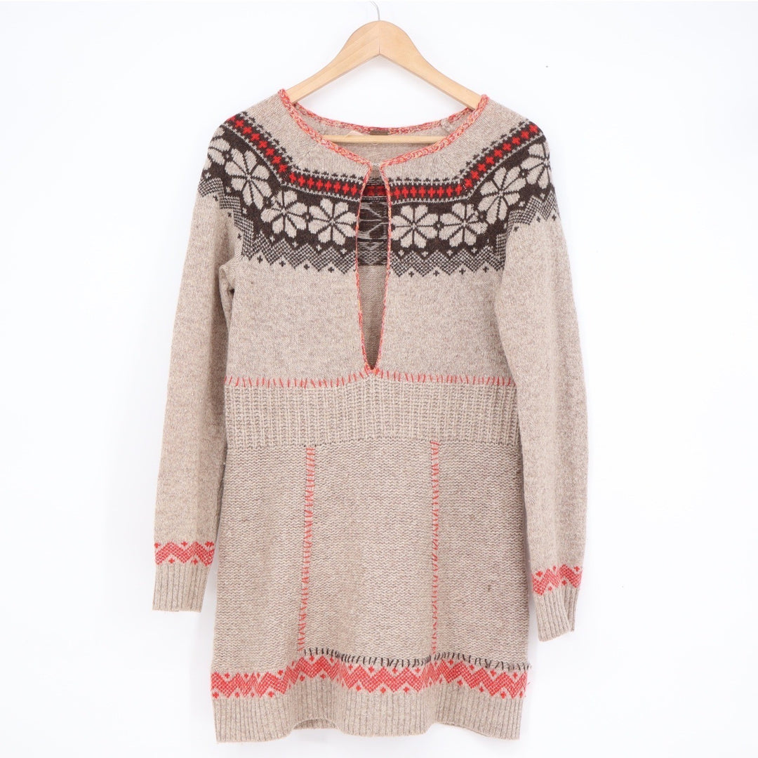 Free People Wool Fair Isle Sweater Dress Beige Red Snowflake Keyhole Small