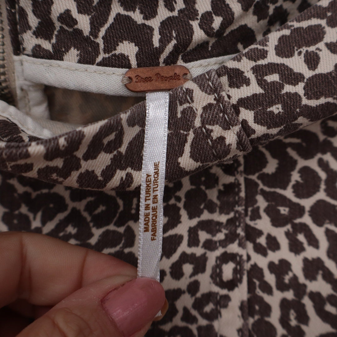 Free People Leopard Print Denim Mini Skirt Brown Tan Animal Print Size 4