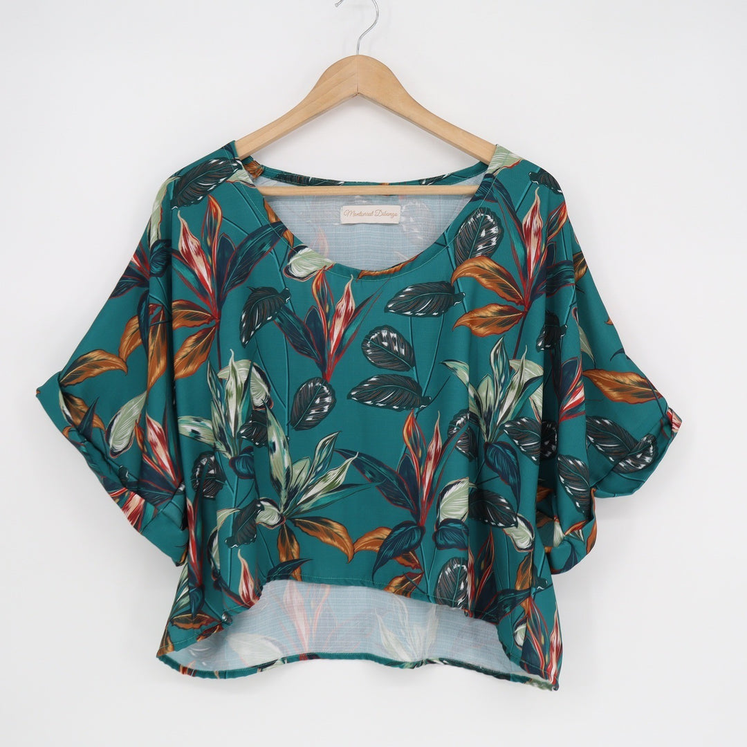 Montserrat Dibango Teal Tropical Leaf Print Boxy High-Low Blouse Top One Size