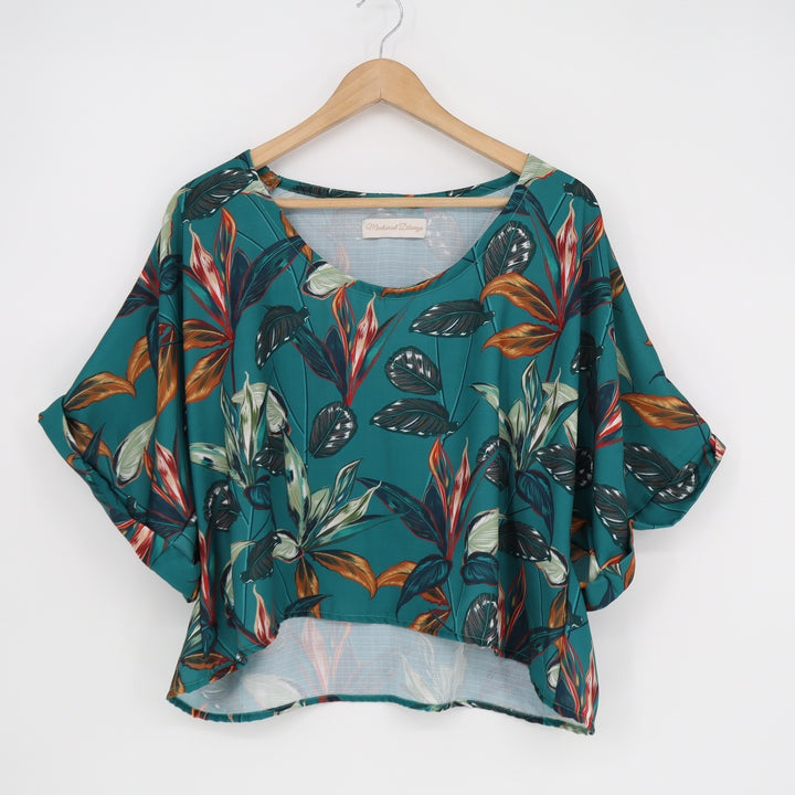 Montserrat Dibango Teal Tropical Leaf Print Boxy High-Low Blouse Top One Size