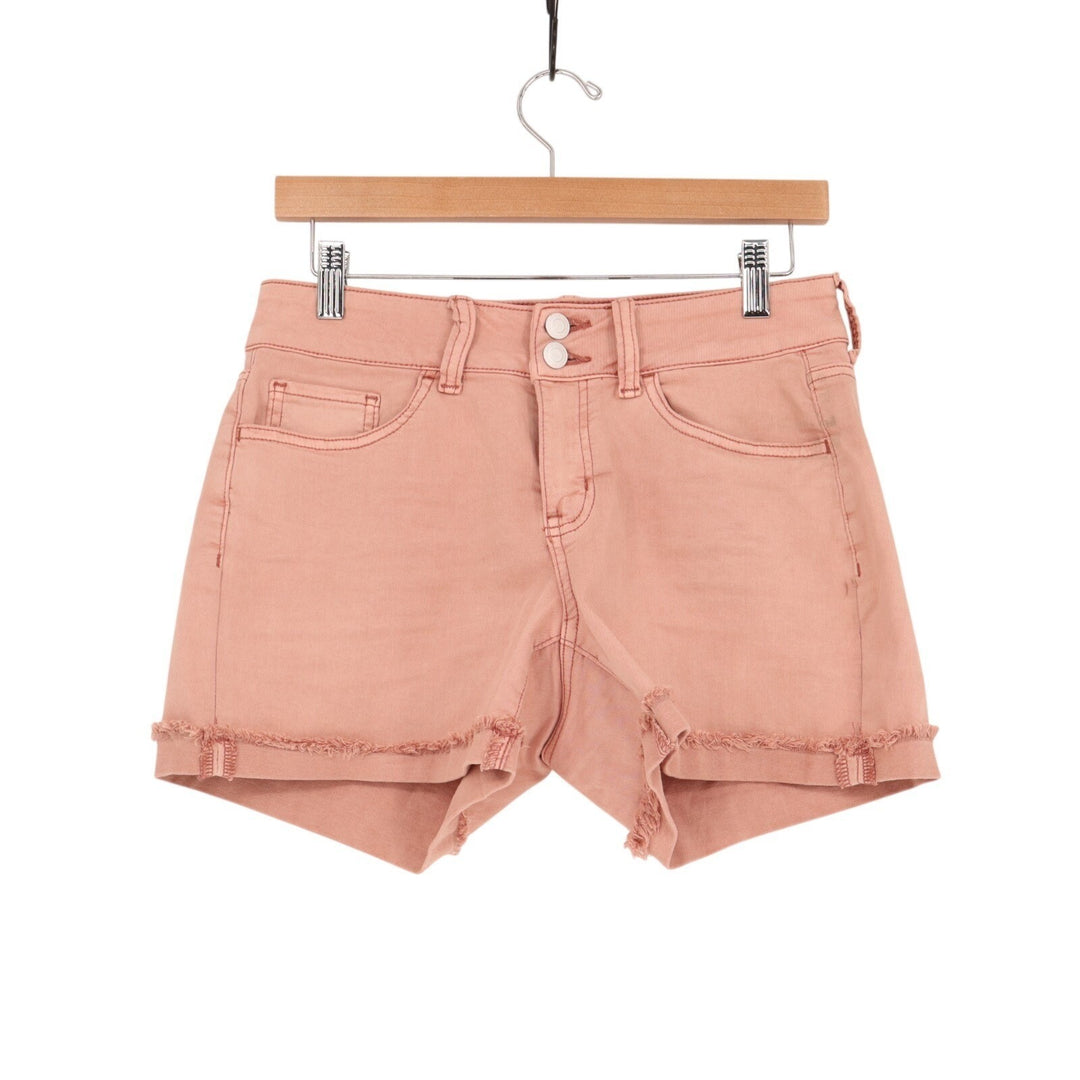 SO Favorite Midi Shorts Womens 9 Pink Denim Stretch Low Rise Frayed Raw Hem