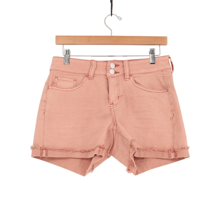 SO Favorite Midi Shorts Womens 9 Pink Denim Stretch Low Rise Frayed Raw Hem