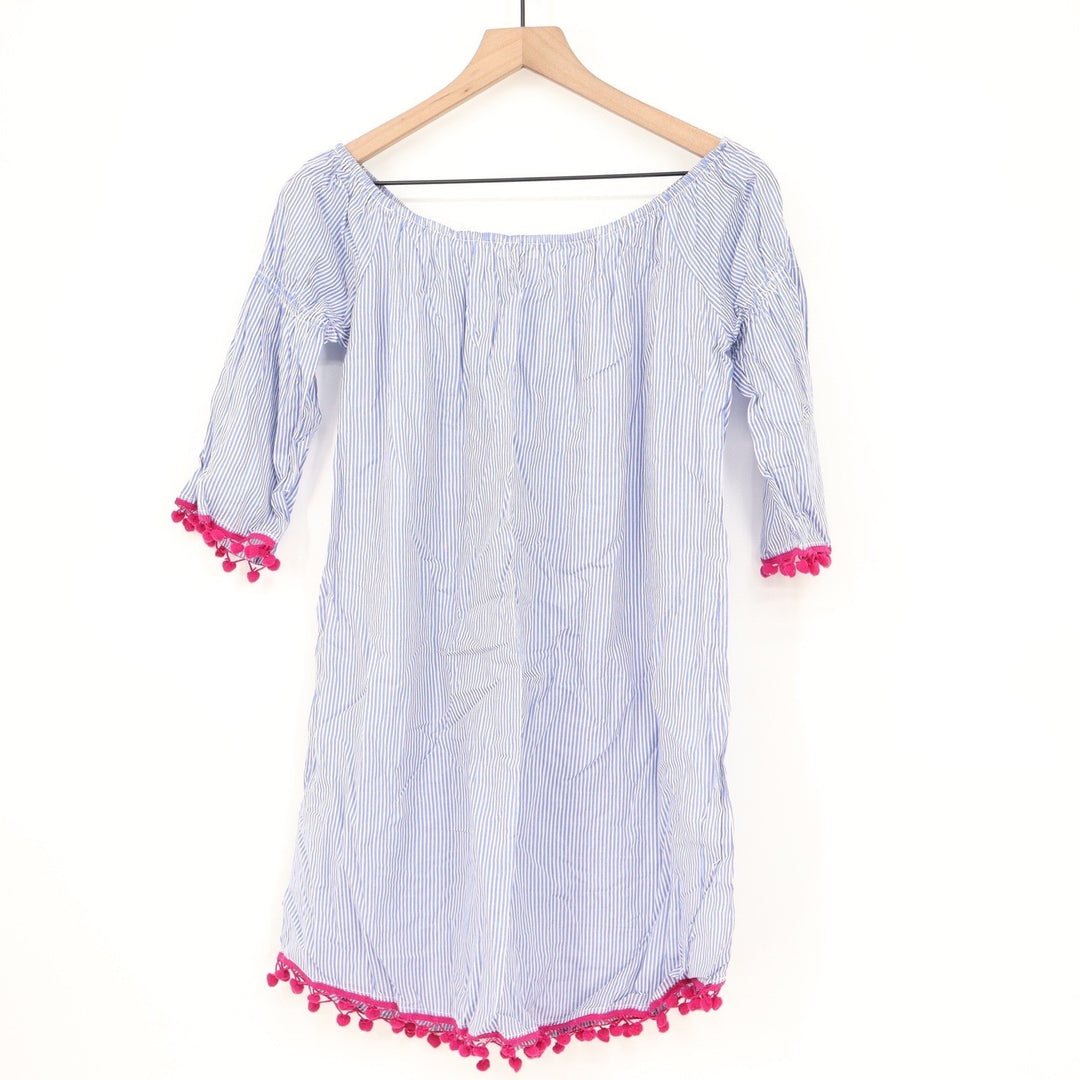 Rebellion Blue White Striped Off Shoulder Tunic Dress Pink Pom Pom Trim Medium
