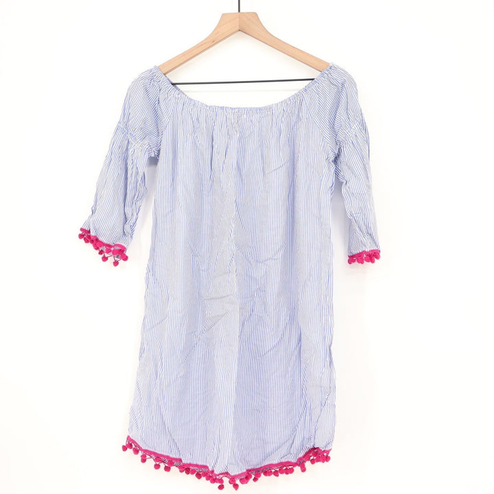 Rebellion Blue White Striped Off Shoulder Tunic Dress Pink Pom Pom Trim Medium