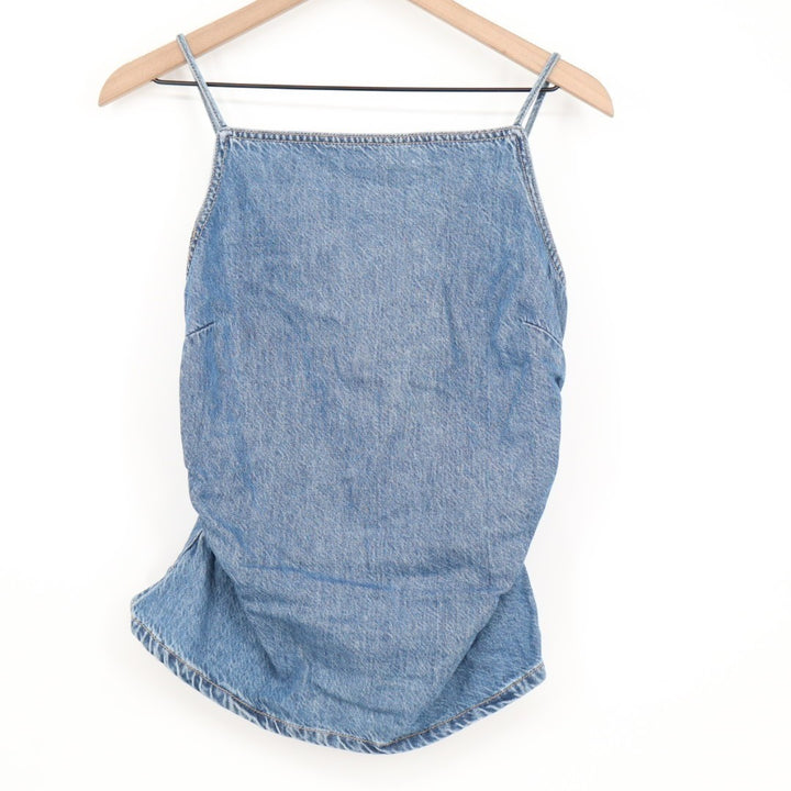Madewell Tank Top Womens 6 Blue Denim Cotton Ruched Square Neck Spaghetti Strap