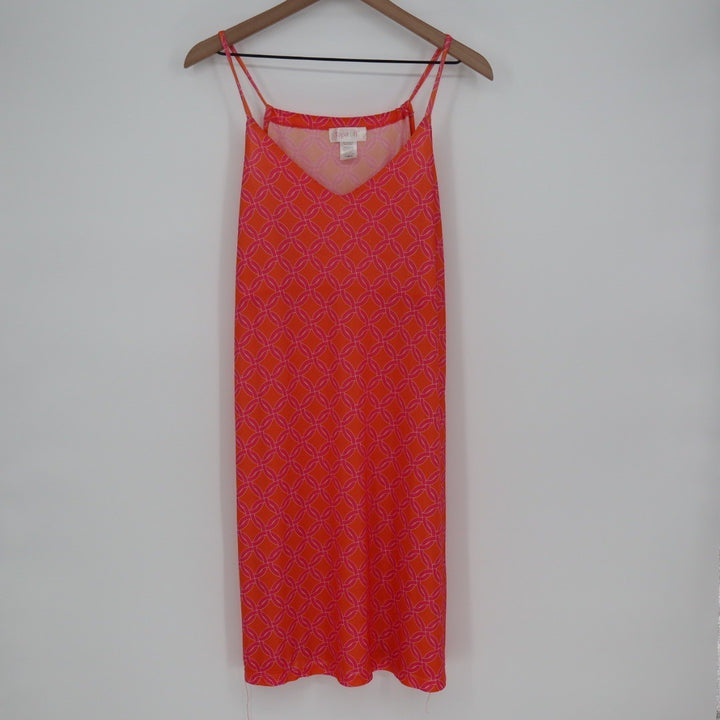 Top it off Orange Pink Geometric Print Spaghetti Strap V Neck Midi Dress Size L