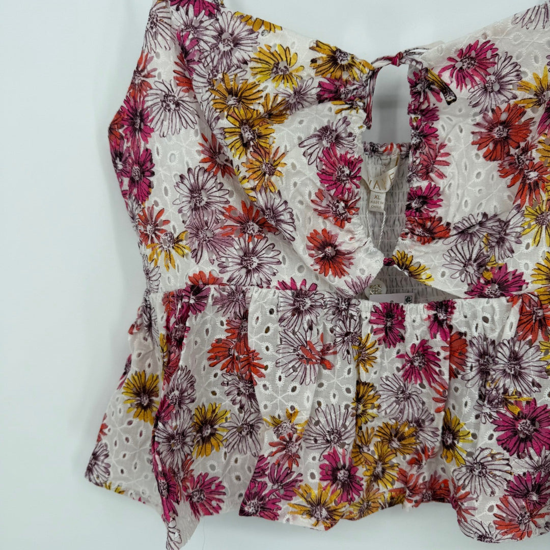 Wayf Eyelet Peplum Cami Top Cut Out Tie Front Sleeveless Floral XL