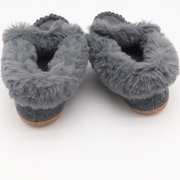 J.Crew Womens Moccasin Slippers Gray Wool Faux Fur Trim Bow Size 8 House Shoes