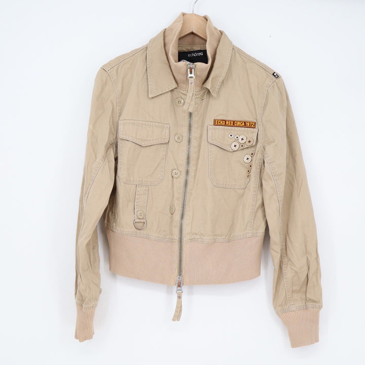 Ecko Red Womens Tan Khaki Utility Bomber Jacket Cropped Cotton Size L
