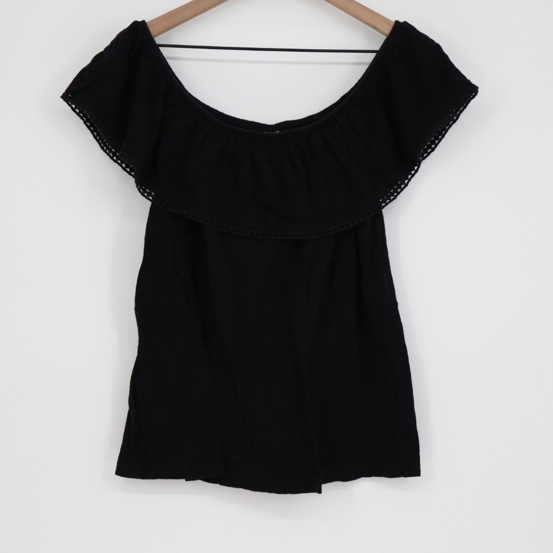 Old Navy Blouse Top Womens Medium Black Cotton Pleated Off the Shoulder Outdoor