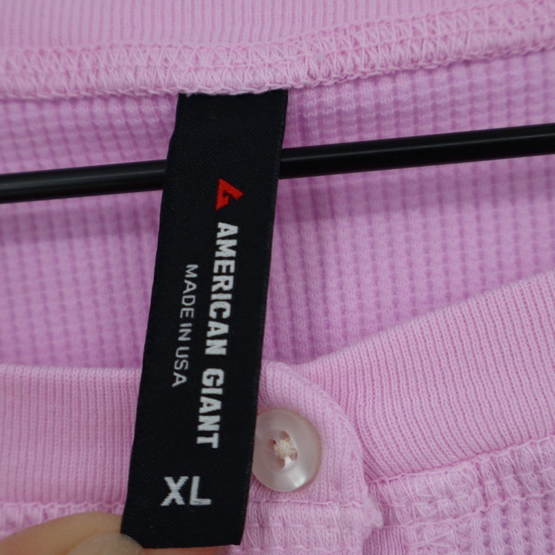 American Giant Thermal T-Shirt Womens XL Pink Cotton Stretch Waffle Henley Neck