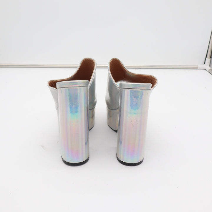 NYLA Silver Holographic Platform Mules Chunky Block Heel Open Toe Size 7