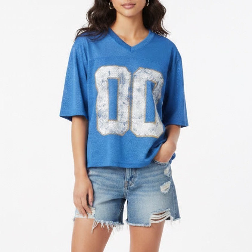 RSQ Football Crop Jersey Womens Small Blue Mesh V-Neck Short Sleeve Pullover